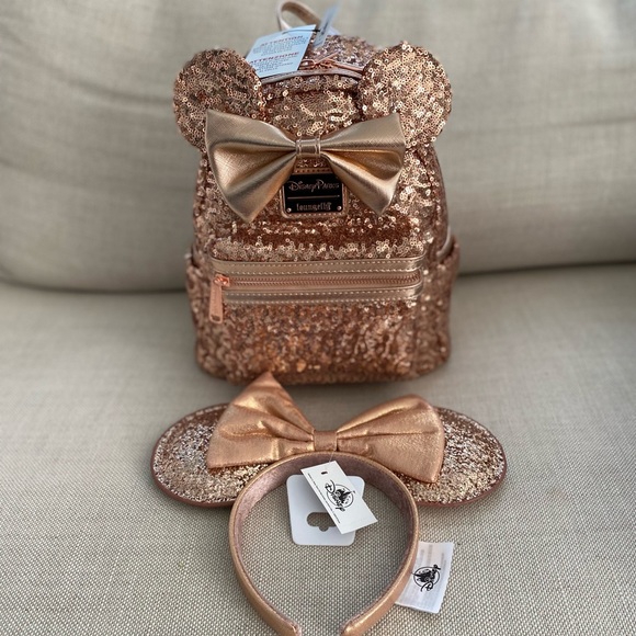 Loungefly mini backpack + Minnie ears rose gold sequin - Picture 1 of 3